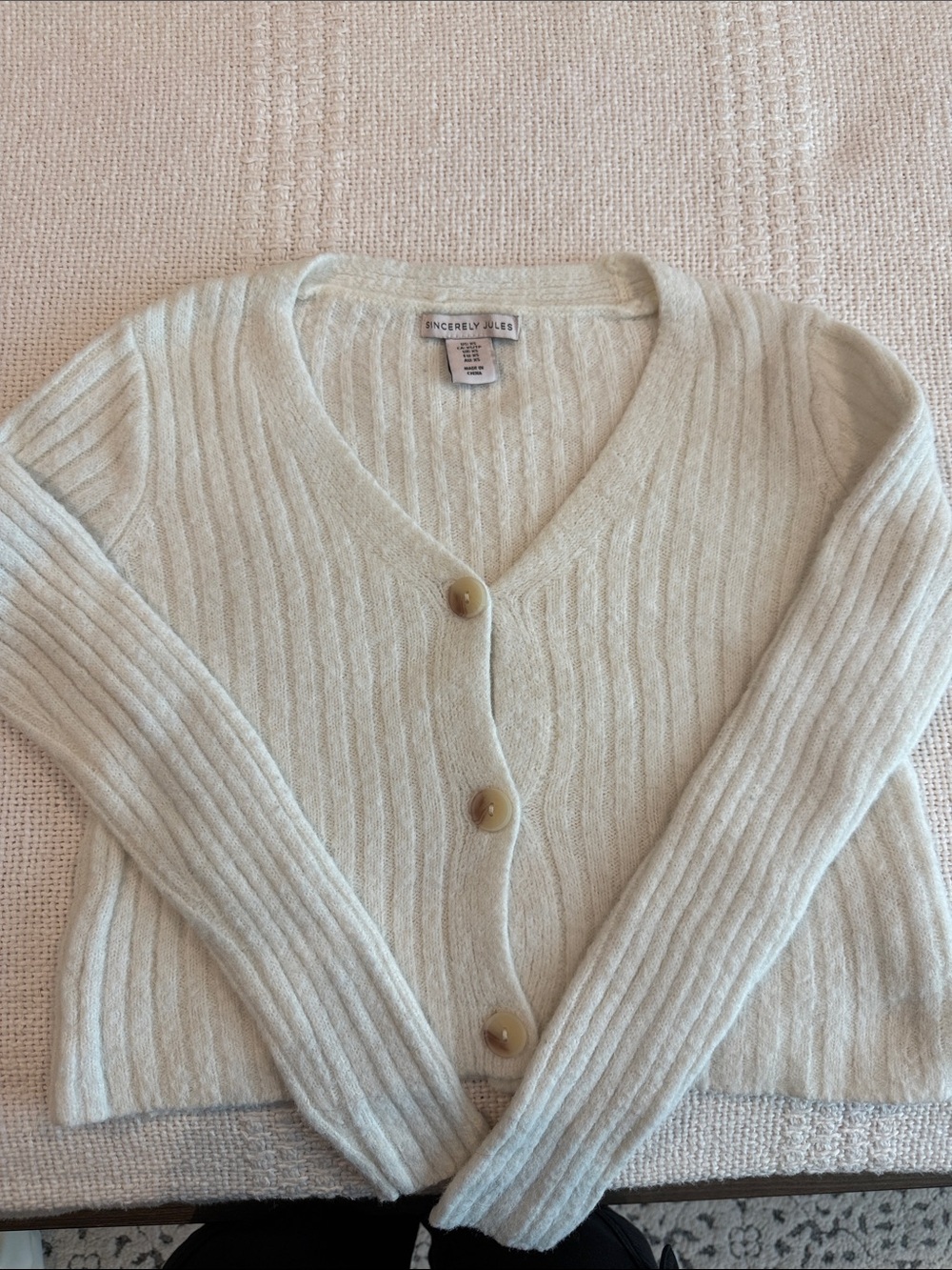Sincerly Jules Soft Cream Ribbed V-Neck Button Cardigan